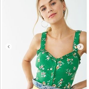 Forever 21 Green Floral Print Ruffle Trim Top